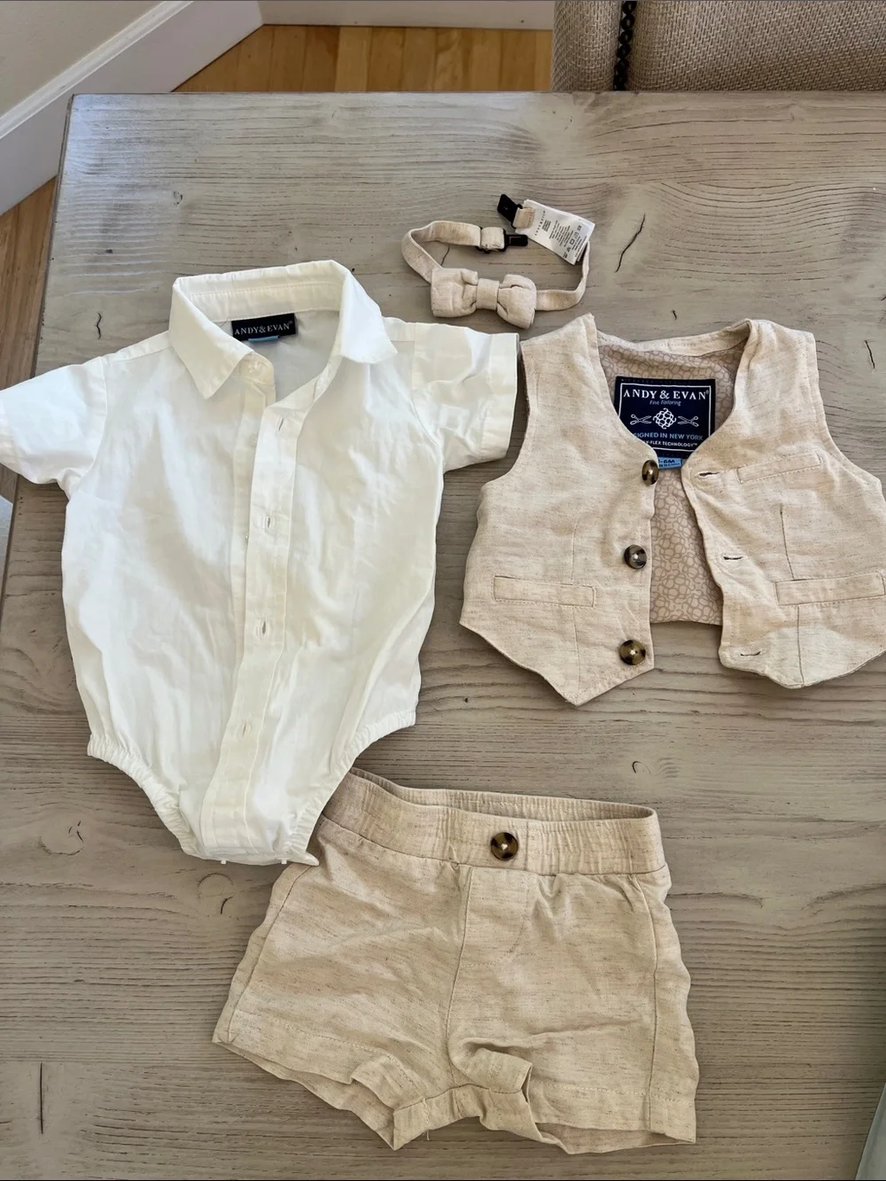 Andy & Evan Beige Vest, Shorts & White Button Bodysuit Set
